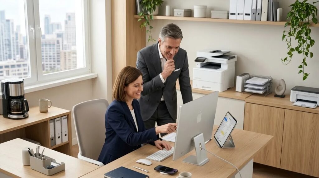 Due professionisti lavorano in ufficio con Mac, iPad e strumenti condivisi