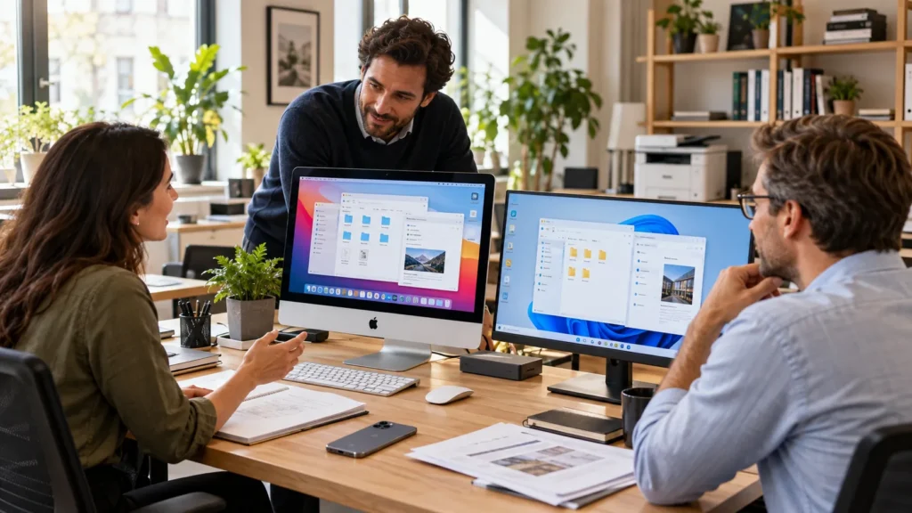 Tre professionisti collaborano in un ufficio con Mac e PC Windows, consultando cartelle e documenti digitali sui computer.