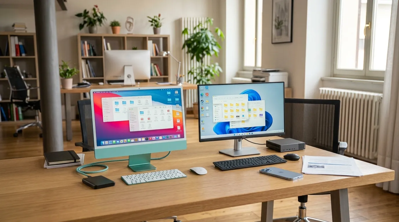 Postazione d'ufficio con Mac e PC Windows, cartelle e documenti digitali aperti durante la verifica del backup aziendale.
